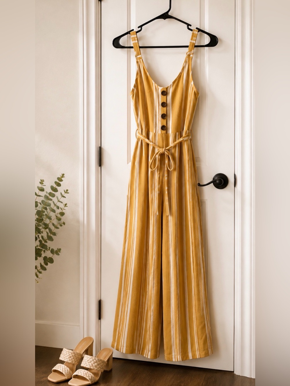 Love Tree Mustard Yellow Striped Jumpsuit with Button Front